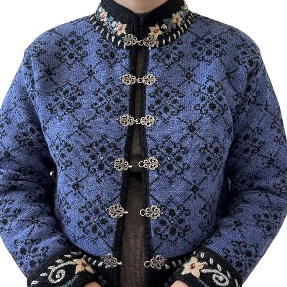 Vintage 1990s Icelandic Design Womens Blue 100% Wool Nordic Hippy Cardigan Sz S - Picture 1 of 6